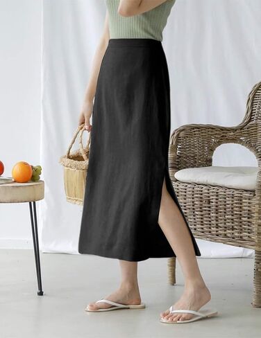 Womens High Waisted Straight Cotton Linen Long Skirt with Slit in Kuwait