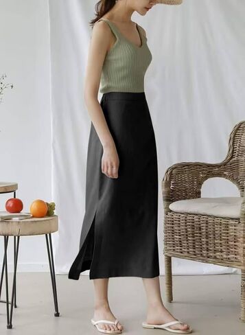 Womens High Waisted Straight Cotton Linen Long Skirt with Slit in Kuwait