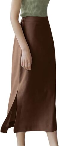 Womens High Waisted Straight Cotton Linen Long Skirt with Slit in Kuwait