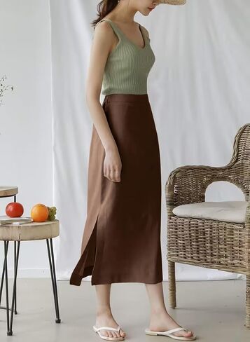 Womens High Waisted Straight Cotton Linen Long Skirt with Slit in Kuwait