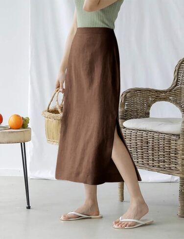 Womens High Waisted Straight Cotton Linen Long Skirt with Slit in Kuwait