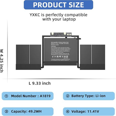 YXKC A1819 A1706 استبدال بطارية الكمبيوتر المحمول A1819 MacBook Pro 13 بوصة A1706 أواخر 2016 منتصف 2017، EMC 3071 3163 MLH12LL/A MNQG2LL/A MNQF2LL/A MLVP2LL/A MPXV2LL/A 11.4 فولت 49.2 وات 4314 مللي أمبير في الساعة in Saudi Arabia