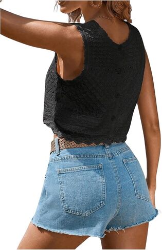 GORGLITTER Women's Crochet Knit Sweater Tank Top Sleveless Button Down Back Scallop Round Neck Sweater Vest in Saudi Arabia