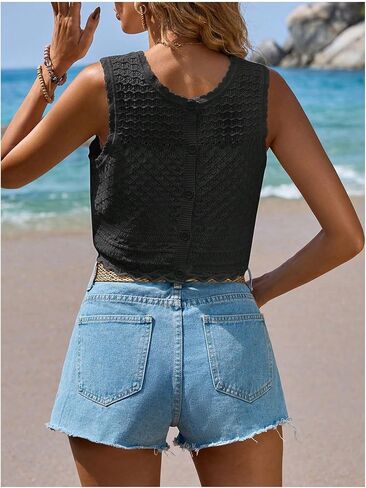 GORGLITTER Women's Crochet Knit Sweater Tank Top Sleveless Button Down Back Scallop Round Neck Sweater Vest in Saudi Arabia