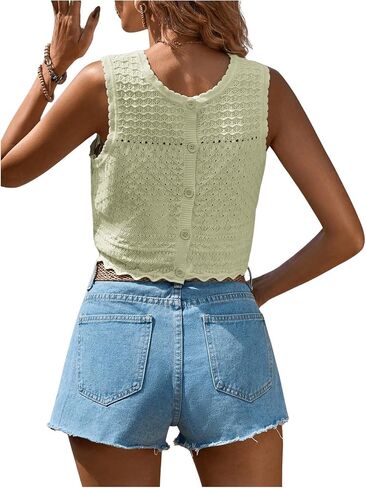 GORGLITTER Women's Crochet Knit Sweater Tank Top Sleveless Button Down Back Scallop Round Neck Sweater Vest in Saudi Arabia