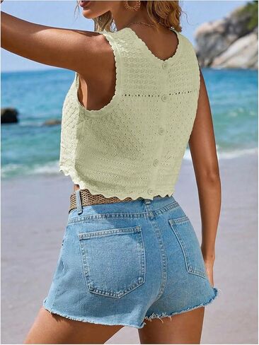 GORGLITTER Women's Crochet Knit Sweater Tank Top Sleveless Button Down Back Scallop Round Neck Sweater Vest in Saudi Arabia