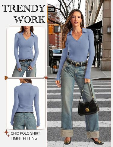 Womens Long Sleeve V Neck Polo Shirts Business Casual Collared Work Top Slim Fitted Basic 2024 Fall Shirt in Kuwait