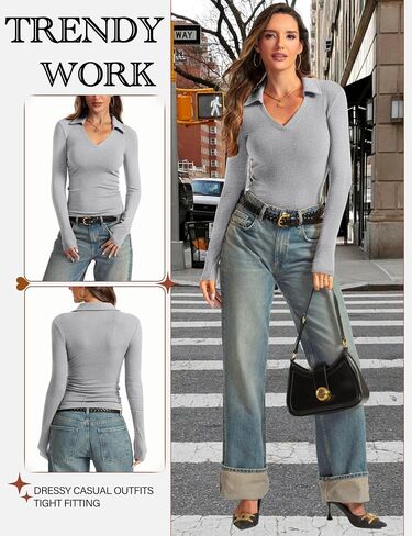 Womens Long Sleeve V Neck Polo Shirts Business Casual Collared Work Top Slim Fitted Basic 2024 Fall Shirt in Kuwait
