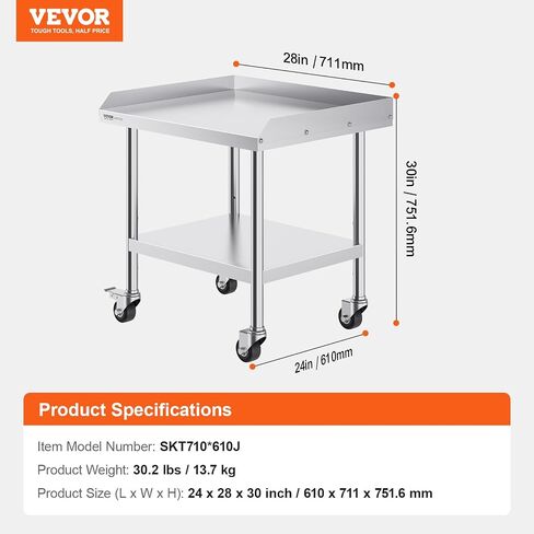 طاولة عمل من الفولاذ المقاوم للصدأ VEVOR، طاولة عمل تجارية لإعداد الطعام مقاس 24 × 24 × 26 بوصة، طاولة عمل إعدادية ثقيلة بثلاثة جوانب، طاولة عمل معدنية مع ارتفاع قابل للتعديل لمطعم المنزل والفندق in Kuwait