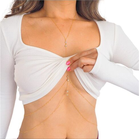 سلاسل الجسم المطبوعة 14K الذهب للنساء الصيف الشاطئ عطلة الجسم سلسلة مثير البطن الخصر سلاسل الطبقات حجر الراين كروس بيكيني الصدرية مجوهرات الجسم in Kuwait