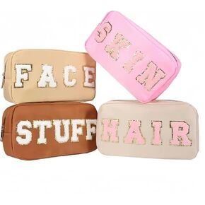 4PCS Nylon Zipper Waterproof Preppy Makeup Organizer Bag Set - Cosmetic Stuff Pouch for Women Travel Toiletry Organization Outdoor with Chenille Letter Patches