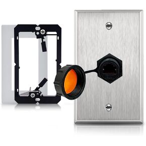 ETS Stainless steel single gang wall plate w/single IP68 waterproof RJ45 CAT6 jack pass through socket coupler connection type, connector cover cap, cable gland with bracket and seal