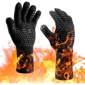 Heat Resistant BBQ Gloves for Hot Temperature Cooking, Barbecue Grilling or Baking Bread Pizza, Safe Oven Mittens with Fingers