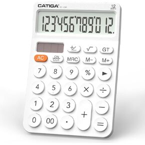CATIGA 12 Digit Desktop Calculator with Large LCD Display, 4 Funtions Calculator, Round Design Big Button, Solar and Battery Dual Power, Standard Function for Office, Home, School, SD-1292