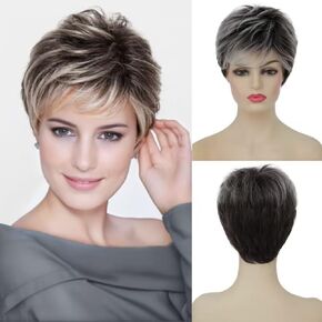 Swiking Women Short Grey Pixie Cut Wig with Bangs Dark Roots Soft Layered Synthetic Hair Wig Daily Costume Wigs