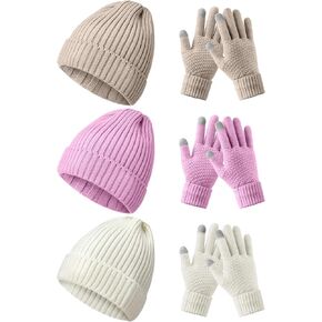 6 Pieces Women Winter Beanie Hat Gloves Set, Thick Warm Knitted Skull Cap Touchscreen Gloves Unisex Black,White