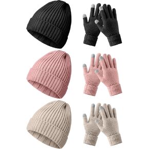 6 Pieces Women Winter Beanie Hat Gloves Set, Thick Warm Knitted Skull Cap Touchscreen Gloves Unisex Black,White