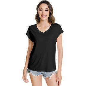 NACHILA Women's T Shirts-Viscose Made from Bamboo, V Neck Tee Shirts Cap Sleeve Casual Top Summer Trendy Basics Tees