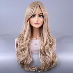 BERON 26 Inches Neon Green Wig Long Wavy Soft Synthetic Wig with Straight Bangs for Women Girls Wig Cap Included