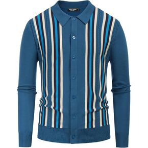 PJ PAUL JONES Mens Vintage Striped Knit Polo Shirt Long Sleeve Button Down Cardigan Sweater