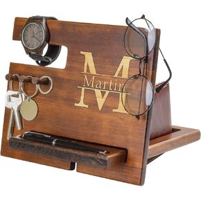 Wood Phone Docking Station for Men Personalized - Hooks Key Holder Wallet Stand Watch Organizer - Gifts for Him Husband Boyfriend Dad Son Uncle Boss Colleague - Anniversary Birthday Father's Dad Gift