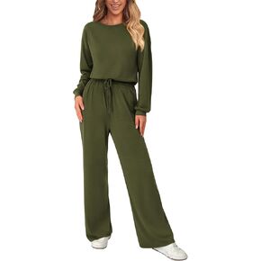 dowerme Women's One Piece Jumpsuits 2024 Long Sleeve Scoop Neck Drawstring Long Rompers Loose Knit Overalls With Pocket