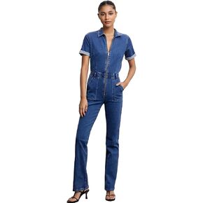 Slim Zip Up Denim Jumpsuit for Women Sexy Short Sleeve Flare Jeans Long Pants One Piece Rompers with Pockets