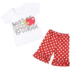 Toddler Girls Back to School Apple Pencil Outfits Set Ruffle T-Shirt Dress and Pants Outfit Set 3-8Years