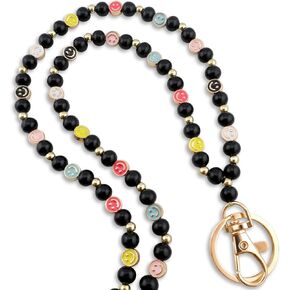 Smiley Teacher Lanyard for Women ID Badges and Keychain Cute Happy Wood and Metal Beads Lanyard for Teacher Nurse
