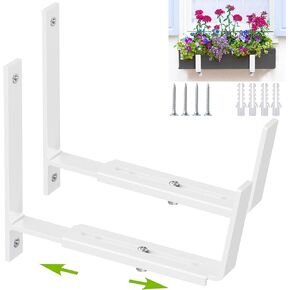 Y&M Adjustable Planter Box Brackets, Brackets for Window Boxes Planters, 2 Pack Universal Outdoor Hanging Brackets, White Steel Mounting Durable, Suitable for Fence Pergola Patio Garden Balcony