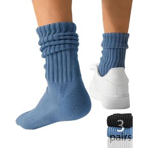 Women's Slouch Crew Socks Retro Solid Scrunch Boot Socks Chunky Ribbed Cozy 3-Pack Cotton Crew Socks Size 5-11
