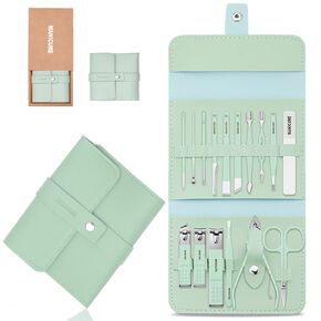 Manicure Set Professional Nail Clippers Pedicure Kit, 16 Pieces Stainless Steel Nail Care Tools Grooming Kit with Brown Travel Leather Case for Men Women Gift