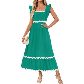 ZESICA Women's Summer Sleeveless Ruffle Dresses 2024 Square Neck Backless Boho Flowy Maxi Sundress with Pockets