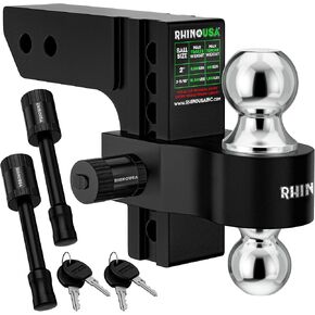 Rhino USA Adjustable Trailer Hitch (2.5-Inch Receiver) - Heavy Duty Aluminum Tow Hitches with 8-Inch Drop/Rise for Truck (18,500 LBS GTW) - Weatherproof Double Anti-Theft Locking Hitch Pins (Black)