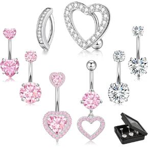 14G Belly Button Ring Dangle Belly Button Piercing Surgical Stainless Steel Belly Rings Cute CZ Heart Butterfly Flower Dangling Belly Piercing Jewelry for Women 7Pcs