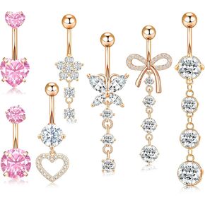 14G Belly Button Ring Dangle Belly Button Piercing Surgical Stainless Steel Belly Rings Cute CZ Heart Butterfly Flower Dangling Belly Piercing Jewelry for Women 7Pcs