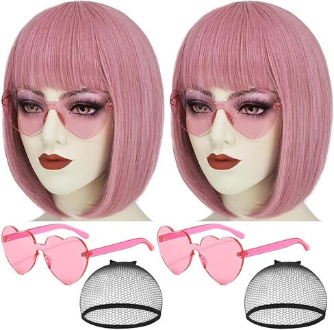 Mersi 2 قطعة شعر مستعار أحمر بوب للنساء مع زجاج شعر مستعار أحمر قصير مع الانفجارات شعر مستعار ناعم لطيف مع غطاء شعر مستعار للحفلات التنكرية S103R in Kuwait