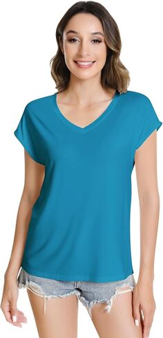 NACHILA Women's T Shirts-Viscose Made from Bamboo, V Neck Tee Shirts Cap Sleeve Casual Top Summer Trendy Basics Tees in Saudi Arabia