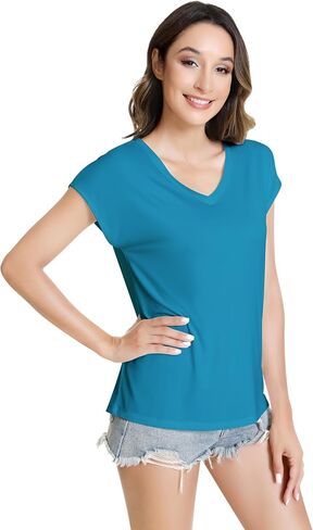 NACHILA Women's T Shirts-Viscose Made from Bamboo, V Neck Tee Shirts Cap Sleeve Casual Top Summer Trendy Basics Tees in Saudi Arabia