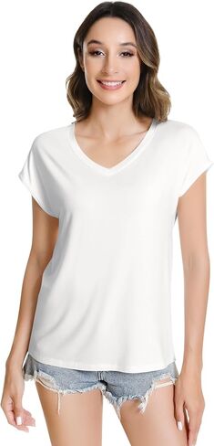 NACHILA Women's T Shirts-Viscose Made from Bamboo, V Neck Tee Shirts Cap Sleeve Casual Top Summer Trendy Basics Tees in Saudi Arabia