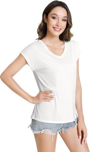 NACHILA Women's T Shirts-Viscose Made from Bamboo, V Neck Tee Shirts Cap Sleeve Casual Top Summer Trendy Basics Tees in Saudi Arabia