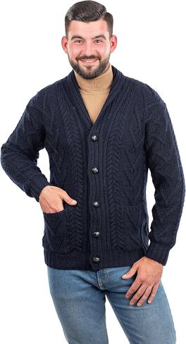 SAOL 100% Merino Wool Men's Aran Cable Knit Shawl Collar Casual Irish Cardigan with Buttons and Pockets in Saudi Arabia