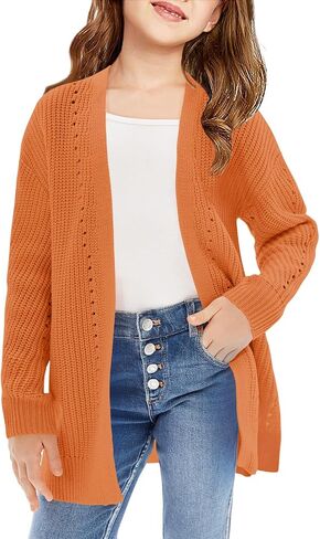 Haloumoning Girls Open Front Cardigan Sweaters Kids Fall Fashion Side Slit Outerwear 5-14 Years in Kuwait