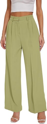 بنطال FUNYYZO نسائي واسع الساق بخصر عالي المرونة في الخلف، بنطلون عمل طويل مستقيم، 006# رمادي/أبيض (رفيع) in Kuwait