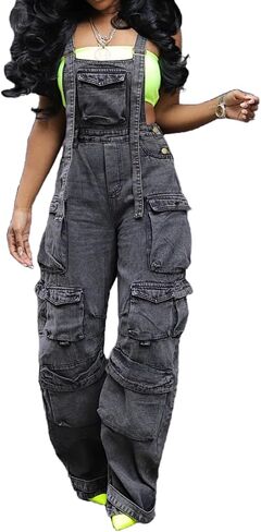 Vaceky المرأة مريلة وزرة الدنيم مرونة الخصر مستقيم الساق Y2K البضائع الجينز الصيف بذلة مع جيوب in Kuwait