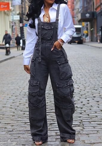 Vaceky المرأة مريلة وزرة الدنيم مرونة الخصر مستقيم الساق Y2K البضائع الجينز الصيف بذلة مع جيوب in Kuwait