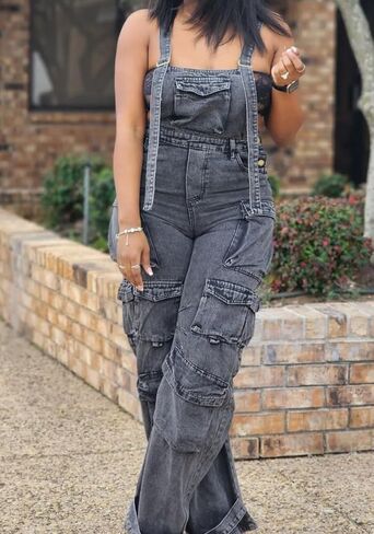 Vaceky المرأة مريلة وزرة الدنيم مرونة الخصر مستقيم الساق Y2K البضائع الجينز الصيف بذلة مع جيوب in Kuwait