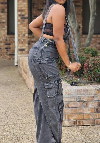 Vaceky المرأة مريلة وزرة الدنيم مرونة الخصر مستقيم الساق Y2K البضائع الجينز الصيف بذلة مع جيوب in Kuwait