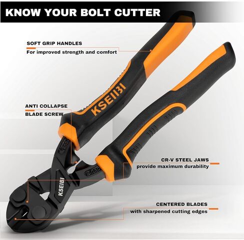 KSEIBI 141610 Mini Bolt Cutters 8 inch - Spring Loaded, CR-V Steel, Sharpened Cutting Edge, Wire Cutter, Snips Clippers, One Hand Operation, Small and Portable Design with Soft Grip Anti-Slip Handle in Kuwait