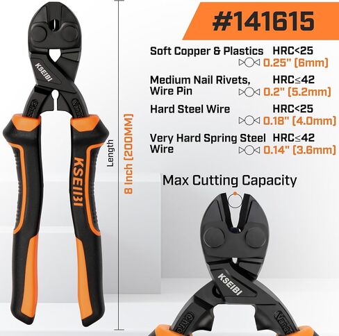 KSEIBI 141610 Mini Bolt Cutters 8 inch - Spring Loaded, CR-V Steel, Sharpened Cutting Edge, Wire Cutter, Snips Clippers, One Hand Operation, Small and Portable Design with Soft Grip Anti-Slip Handle in Kuwait